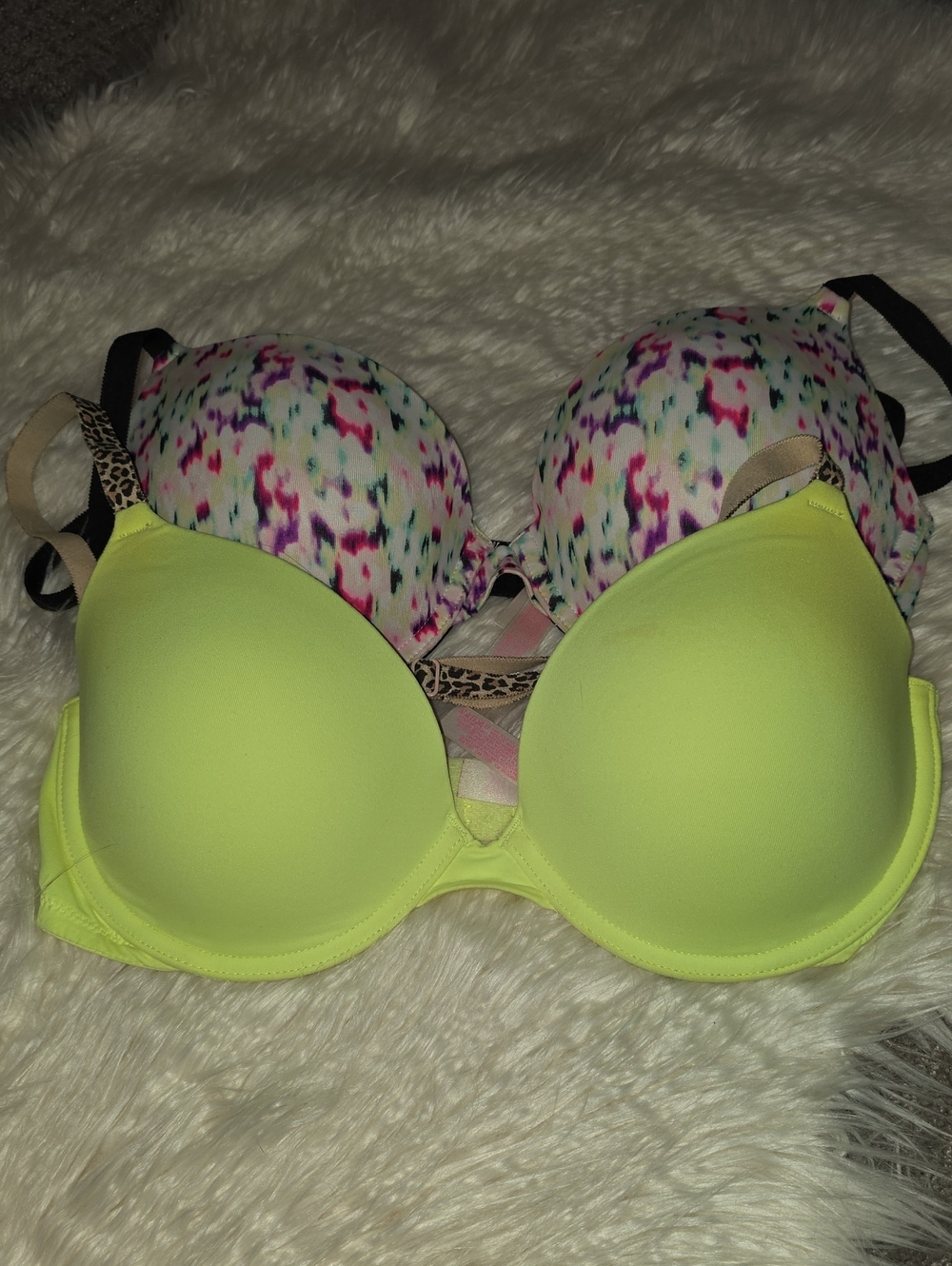 2 Victoria's Secret Push-Up Bras, Neon Yellow And Multicolor